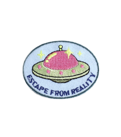 Funny iron-on badge flying saucer escape from reality 5cm x4cm