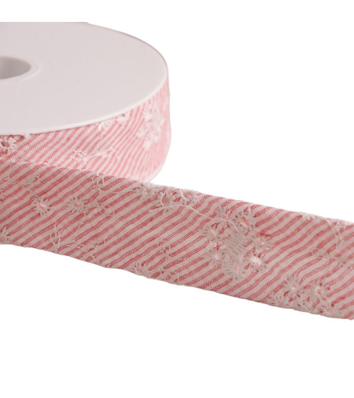 15m spool of cotton bias binding with embroidered flower stripes 25mm red made in Europe