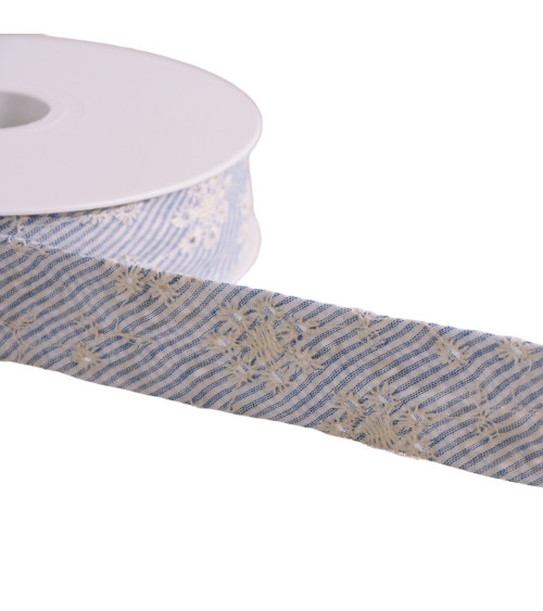 Cotton bias with embroidered flower stripes 25mm lavender blue per meter made in Europe