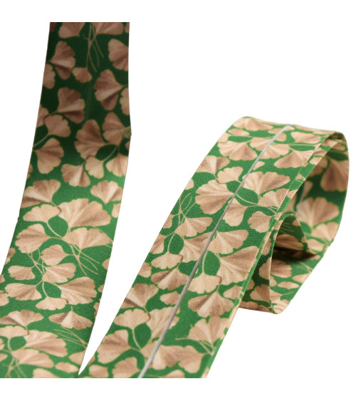 Bias binding gingko biloba leaves 27mm dark green per meter made in France