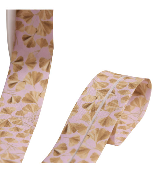 Bias binding gingko biloba leaves 27mm light pink per meter made in France