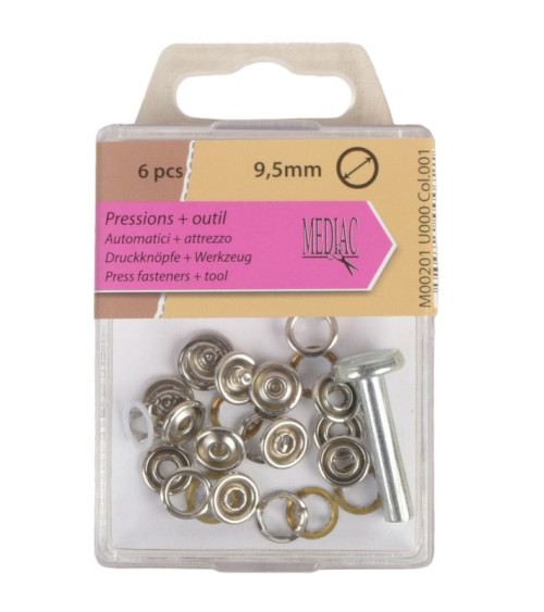 6 9.5mm snap fasteners and silver tool