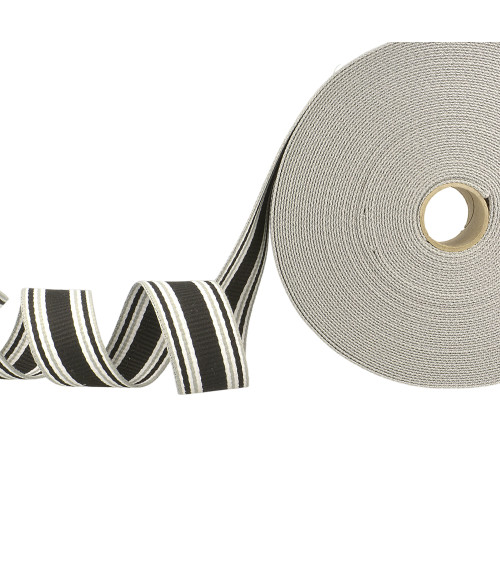 20m reel of black, grey and white tricolour striped strap 30mm