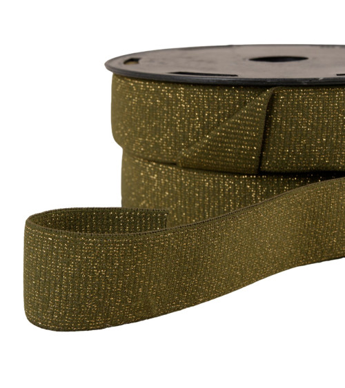 20m spool of metallic boxer elastic, khaki green/gold, 32mm