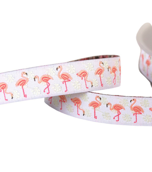 15m reel of jacquard braid with white flamingos 16mm