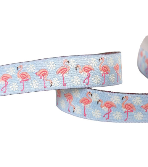 15m reel of jacquard braid with light blue flamingos 16mm