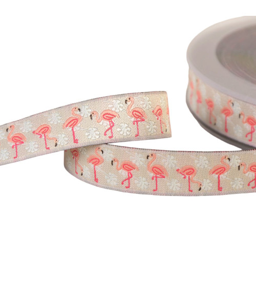 15m spool of jacquard braid with beige flamingos 16mm