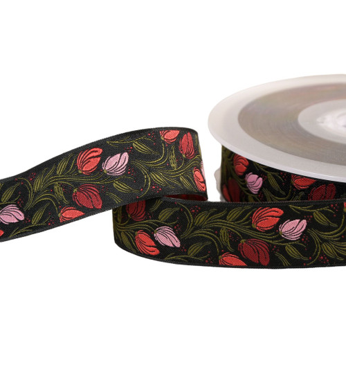 Schwarzes Blumen-Jacquard-Geflecht, 24 mm pro Meter