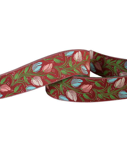 Burgunderrotes Blumen-Jacquard-Geflecht, 24 mm pro Meter