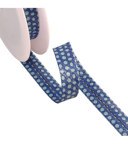 Spool of 25m bias binding with large royal blue lurex polka dots 20mm