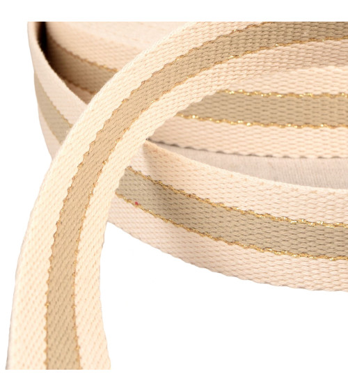 20m reel of 3-strip strap, 30mm taupe cotton metal thread