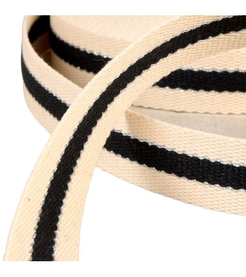 20m reel of 3-strip strap, 30mm black/white cotton metal thread