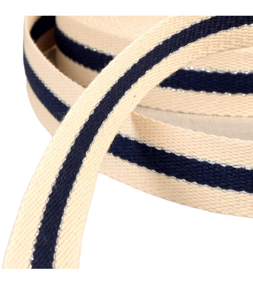 20m reel of 3-strip strap, 30mm navy blue cotton metal thread