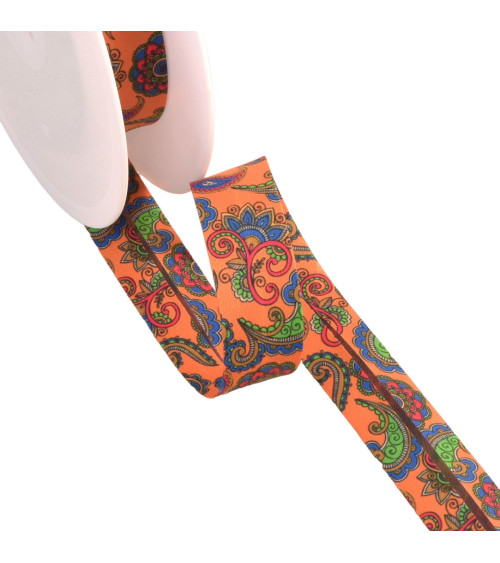 Cinta al bies con motivo paisley naranja de 20 mm por metro hecha en Francia