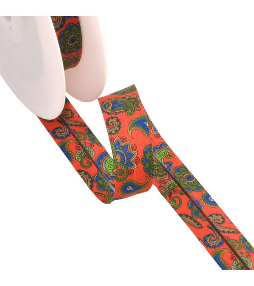 Cinta al bies con motivo paisley naranja bengala 20 mm por metro hecha en Francia