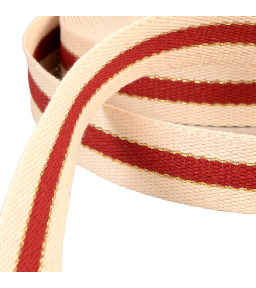 3-strip strap with metal thread, 100% cotton, 30mm, red, per meter