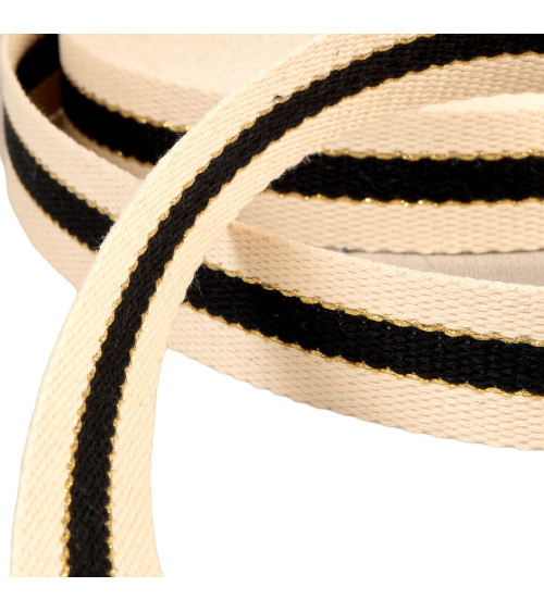 3-strip strap with metal thread, 100% cotton, 30mm, black, per meter