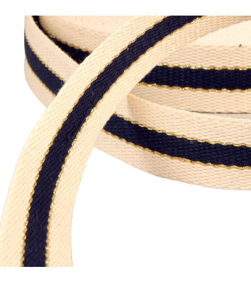 3-strip strap, 100% cotton, 30mm, navy blue, metal thread, per meter