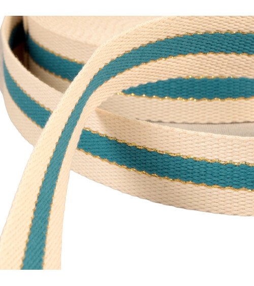 3-strip strap, 100% cotton, 30mm, duck blue, metal thread, per meter