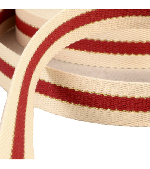 3-strip strap with metal thread, 100% cotton, 30mm, burgundy red, per meter