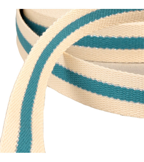 3-strip strap, 100% cotton, 30mm, duck blue, metal thread, per meter