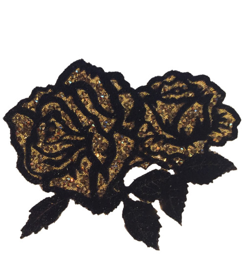 XL Double Black and Gold Rose Iron-on Badge