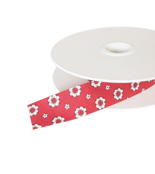 Spool of 25m bias binding 25mm burgundy red flowers