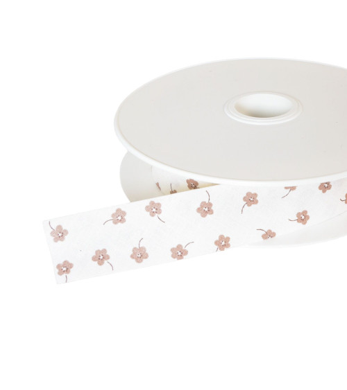 Spool of 25m bias binding with small flowers, 25mm, beige