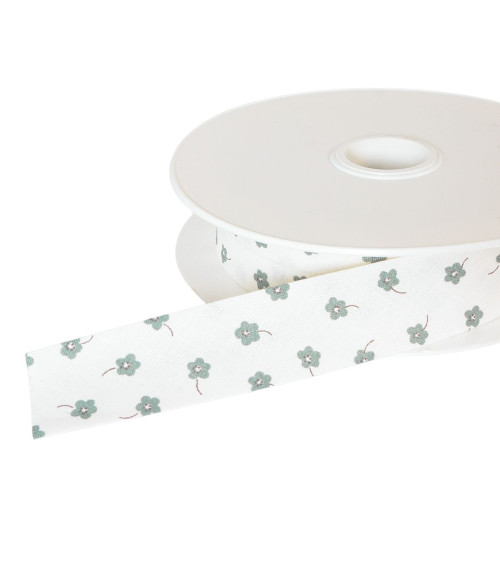 Spool of 25m bias binding with small flowers, 25mm, light khaki green