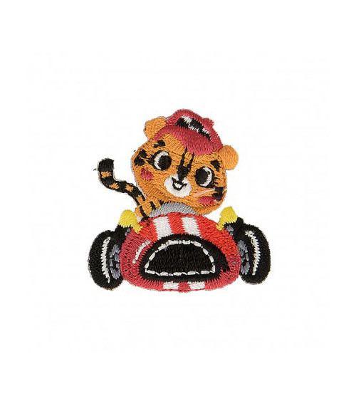 Tiger in car iron-on badge 4cm x 4cm