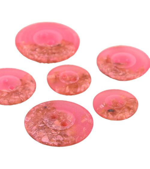 Lot de 6 boutons ronds 2 trous copeaux 15mm Fuchsia