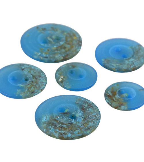 Set of 6 round buttons 2 holes chips 15mm Blue