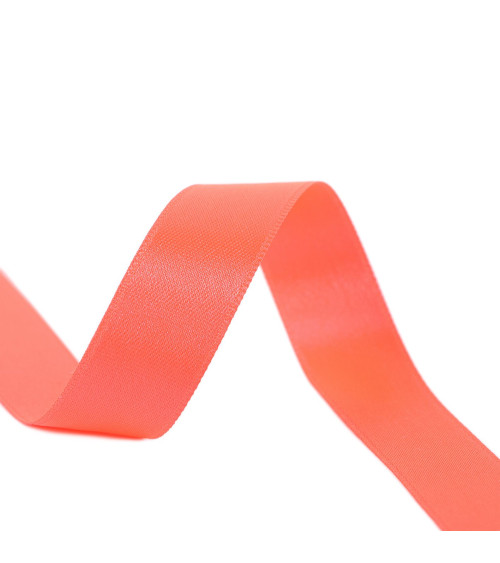 Spool of 25m double-sided satin ribbon, Fluorescent orange pink, made in France