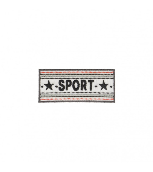 Aufnäher zum Aufbügeln. Weißes Sportbanner, 2,5 cm x 6 cm