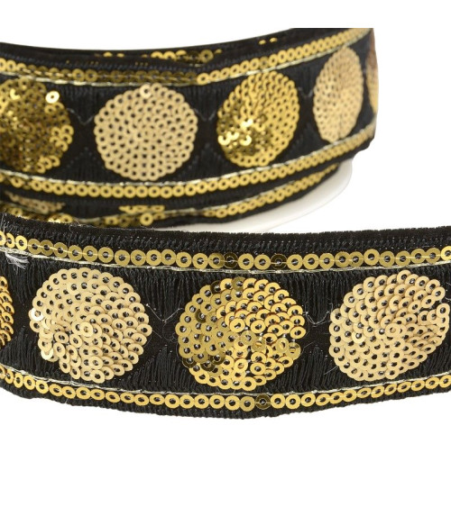 Bobina da 10 m Cerchi treccia di paillettes 35 mm nero e oro