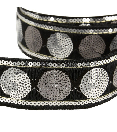 Bobina da 10 m Cerchi treccia di paillettes 35 mm nero e argento