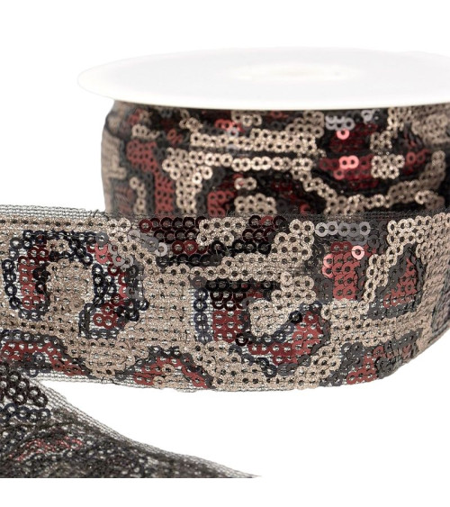 10m reel Panther sequin braid 35 mm Burgundy and champagne