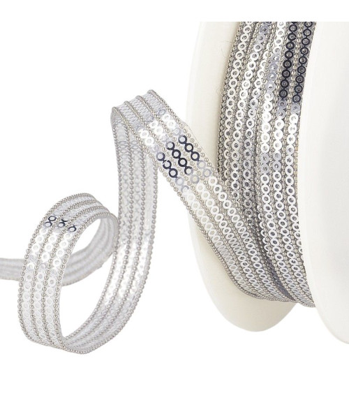 10m reel of 3-row iron-on sequin braid 13 mm Silver