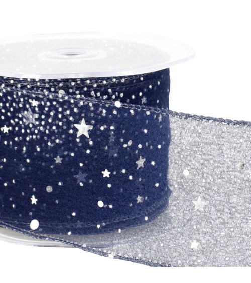 Spool 10m Princess voile ribbon shiny stars 60 mm polyamide Navy blue