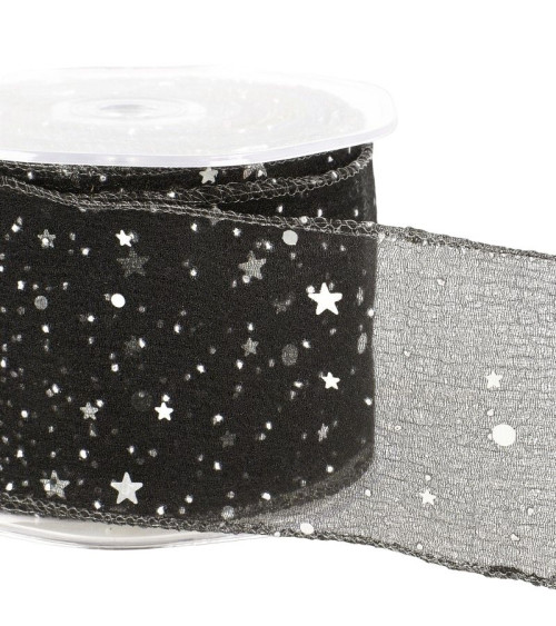 Spool 10m Princess voile ribbon shiny stars 60 mm polyamide Black