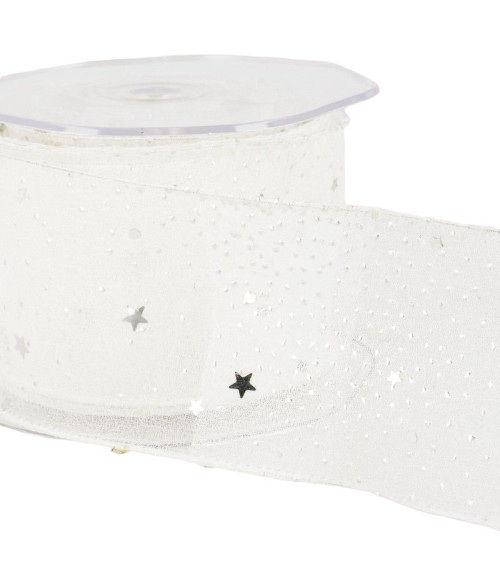 Bobina de 10m Cinta velo princesa estrellas brillantes 60 mm poliamida Blanco