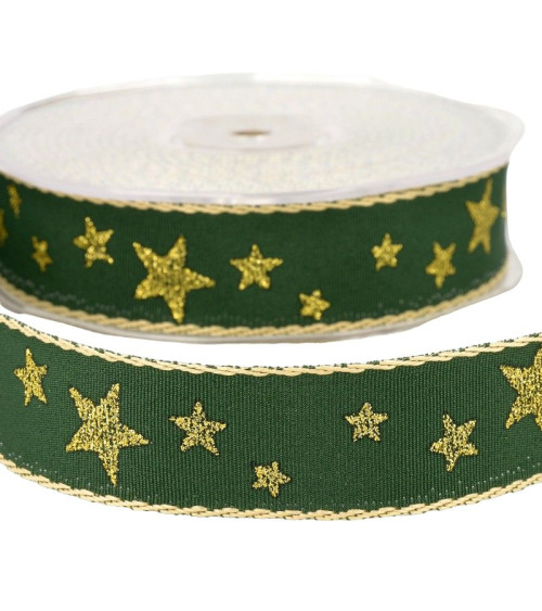 20m reel of 25mm bottle green star ribbon