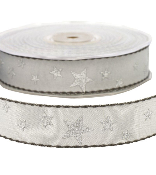 20m reel of 25mm light grey star ribbon