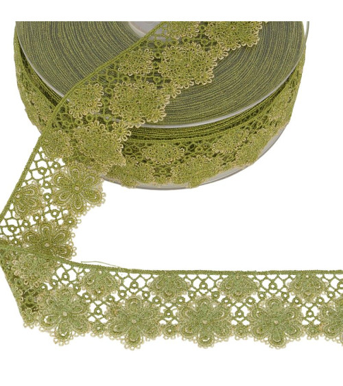 Spool 14.4m Two-tone flower lace 33 mm khaki green and gold polyester