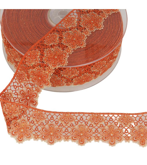 14.4m spool of two-tone flower lace 33 mm polyester Rust and silver