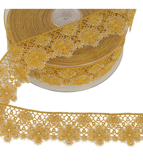 Spool 14.4m Two-tone flower lace 33 mm polyester Mustard yellow and silver