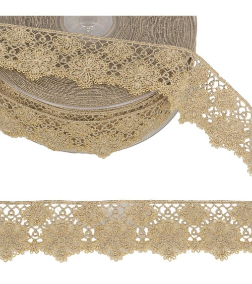 Spool 14.4m Two-tone flower lace 33 mm polyester Beige and gold