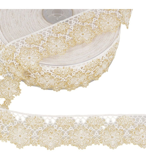 Spool 14.4m Two-tone flower lace 33 mm polyester White and gold