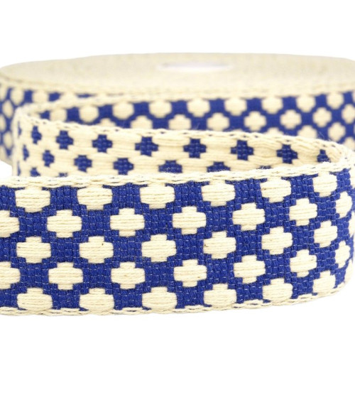 10m spool of 37mm cross pattern strap, blue and ecru