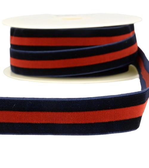 15m spool of polyester velvet stripes in navy blue and red